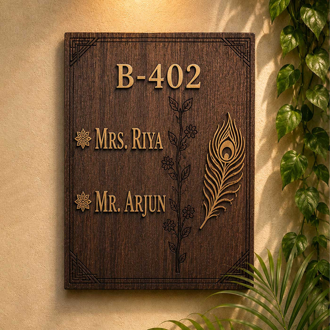 Vine And Peacock Feather Personalized Handcrafted Wooden Name Plate With Laser Cut Golden Metallic Lettering For Home