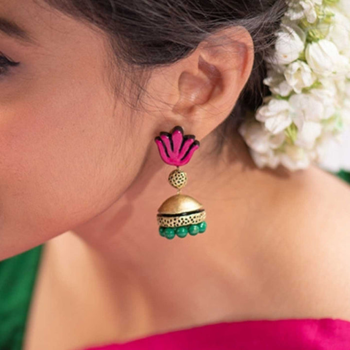 Handmade Beaded Blooming Lotus Terracotta Earrings