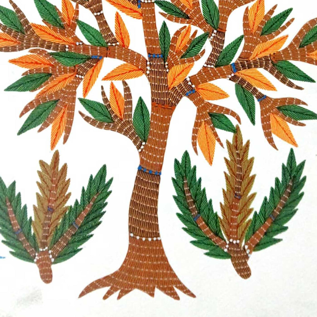 11 x 15 Inch | Birds Around Tree | Original Hand painted Tribal Gond Art Painting | Acrylic Paints On Paper