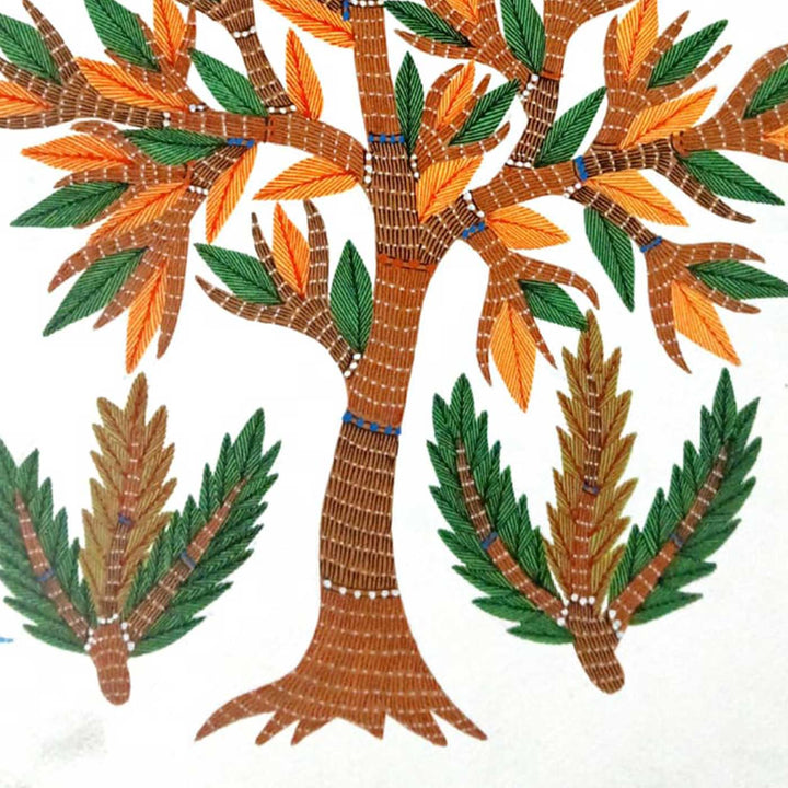 11 x 15 Inch | Birds Around Tree | Original Hand painted Tribal Gond Art Painting | Acrylic Paints On Paper