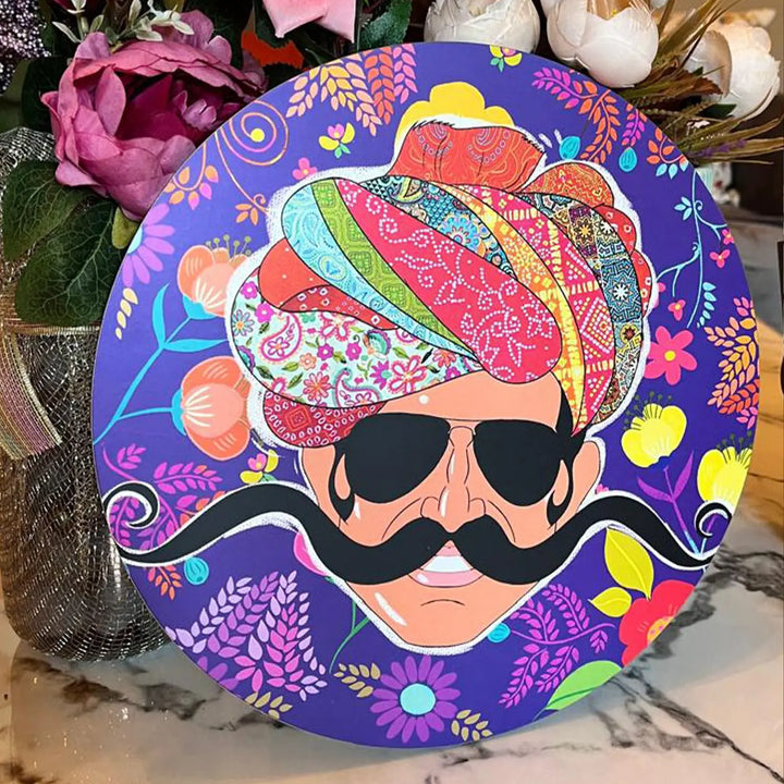 Printed Round Rajasthani Man Theme MDF Wood Wall Decor