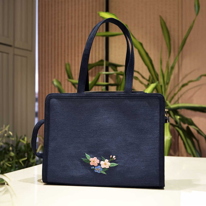 Personalized Hand Embroidered Blue Floral Tote Bag