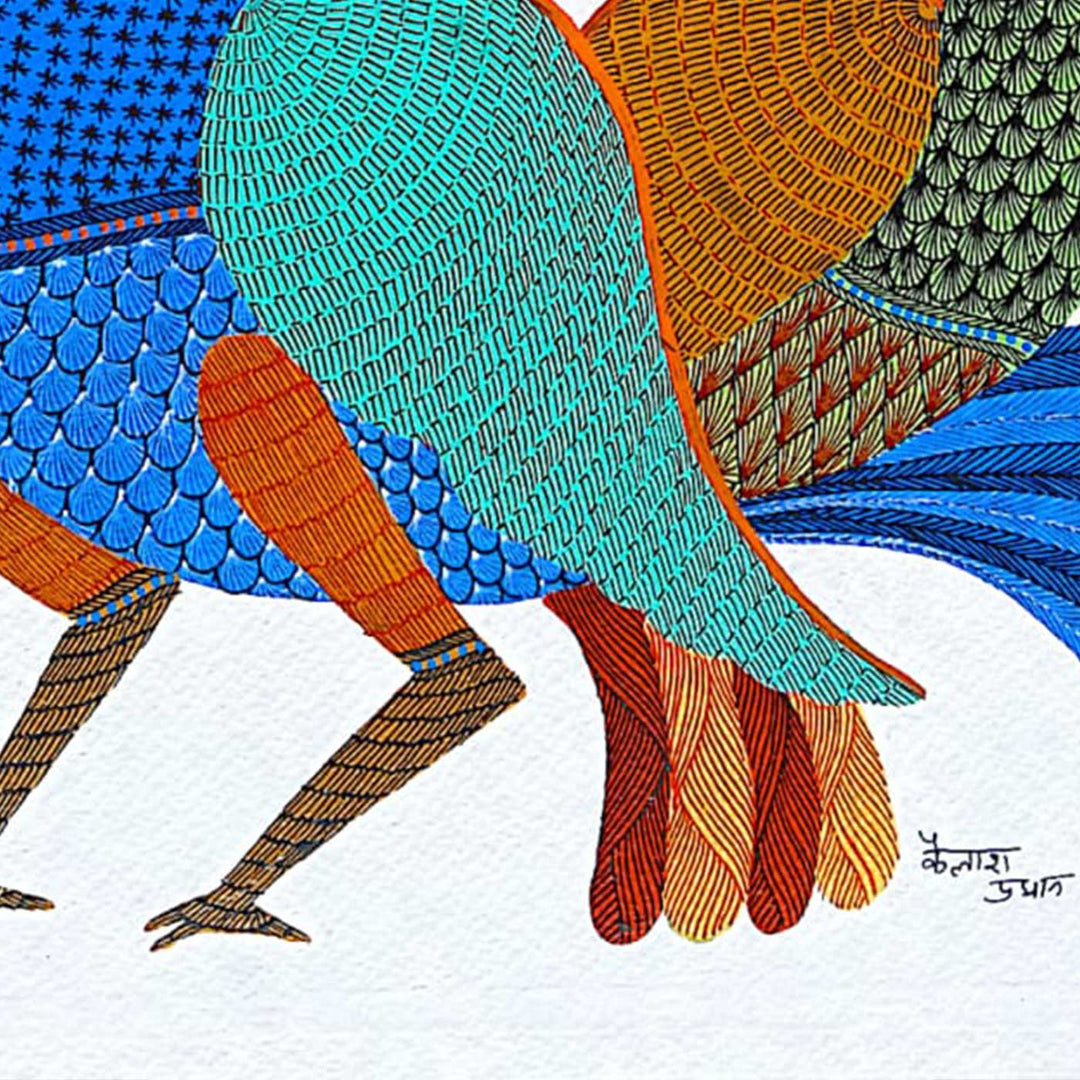 11 x 15 Inch | Love Birds with Flowers | Original Hand painted Tribal Gond Art Painting | Acrylic Paints On Paper