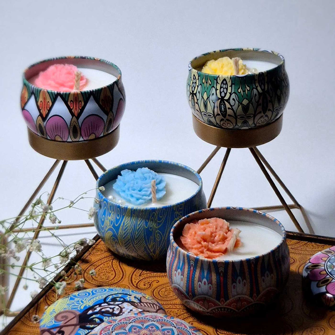 Set Of 4 | Handmade Mandala Design Tin Soy Wax Scented Candle
