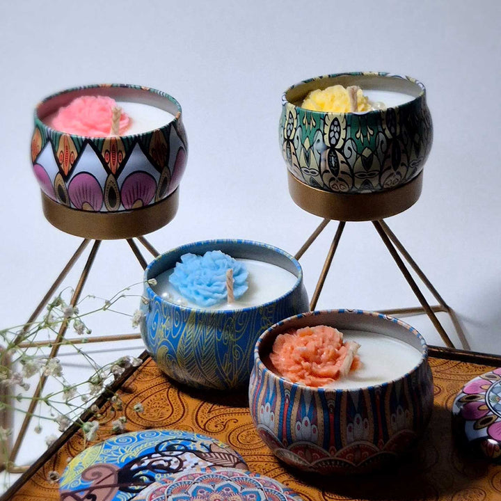 Set Of 4 | Handmade Mandala Design Tin Soy Wax Scented Candle