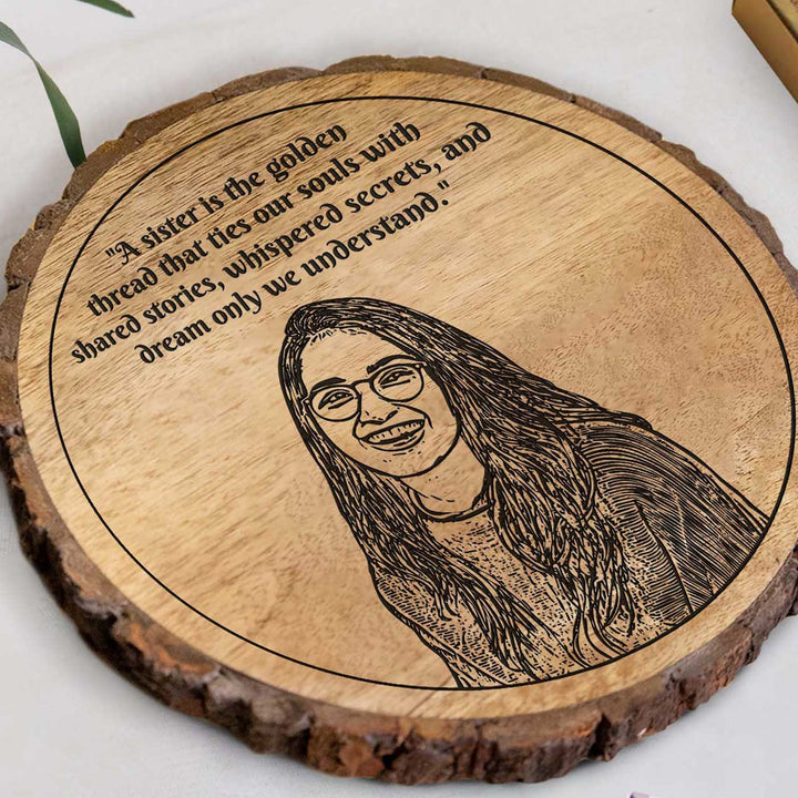Photo Personalized Engraved Sister Theme Wooden Decorative Plaque Rakhi Hamper | Includes 1 Plaque, 1 Chocolate & 1 Card