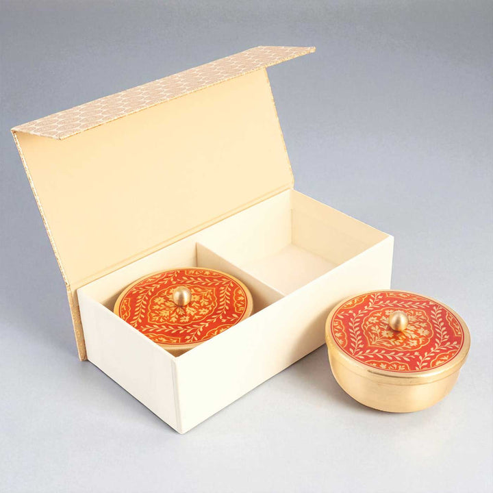 Hand-Painted Sanskaar Brass Gift Hamper | Includes 2 Containers And 1 Gift Box
