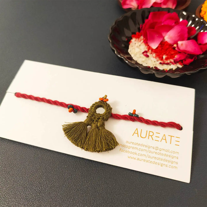 Handmade Mirror Work & Tassels Rakhi With Roli Chawal