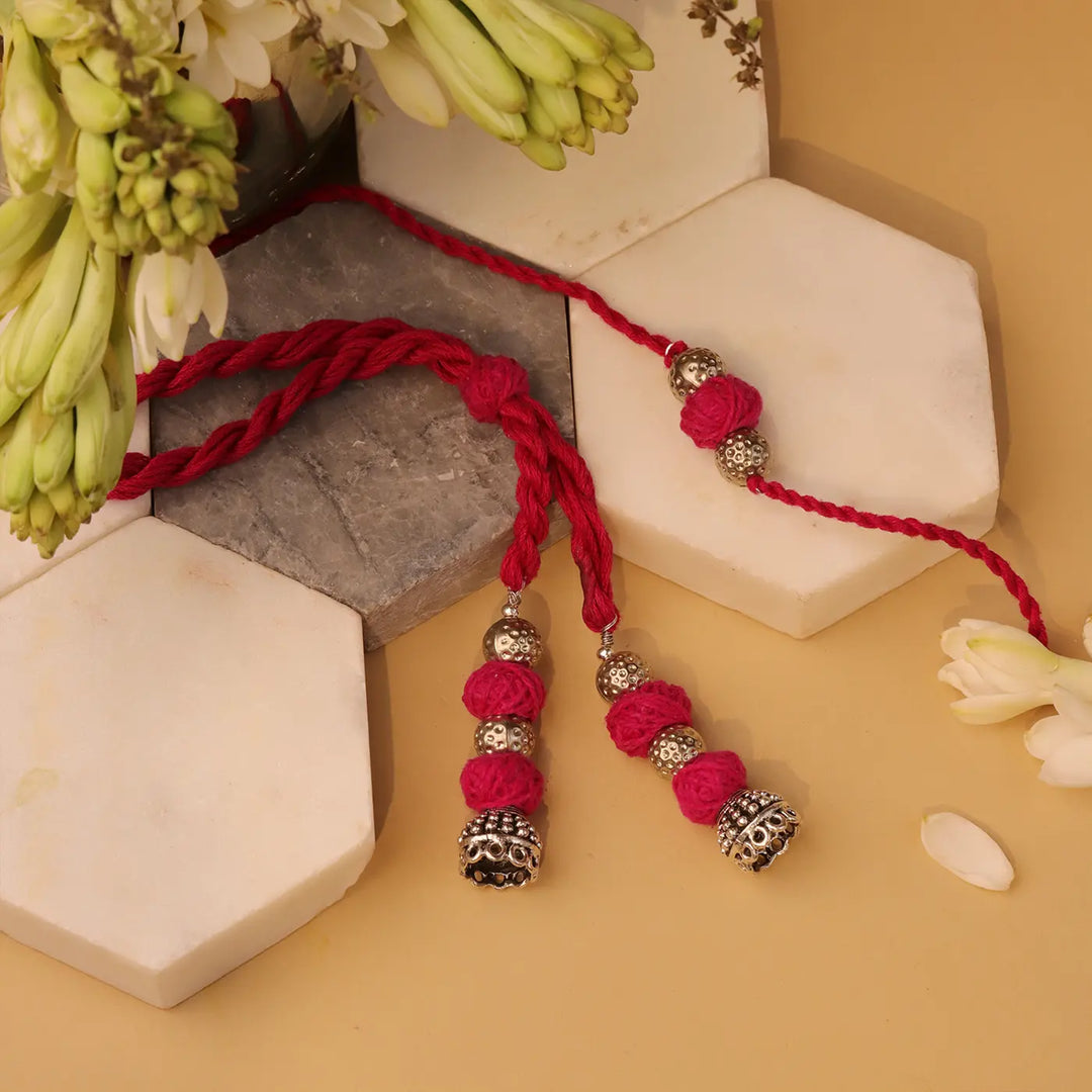 Handmade Silver & Magenta Bhaiya Bhabhi Rakhi With Roli Chawal | Set Of 2
