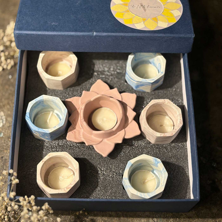 Handmade Veloura Glow Concrete Gift Hamper | Includes 1 Flower Candle Holder, 6 Octa Deep Candle Holders