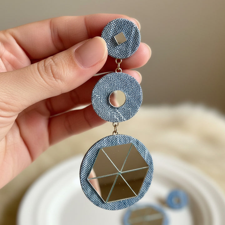 Handmade Layered Mirror Work Denim Earrings