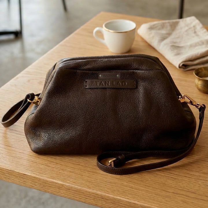Personalized Dark Brown Slouch Leather Clutch With Sling