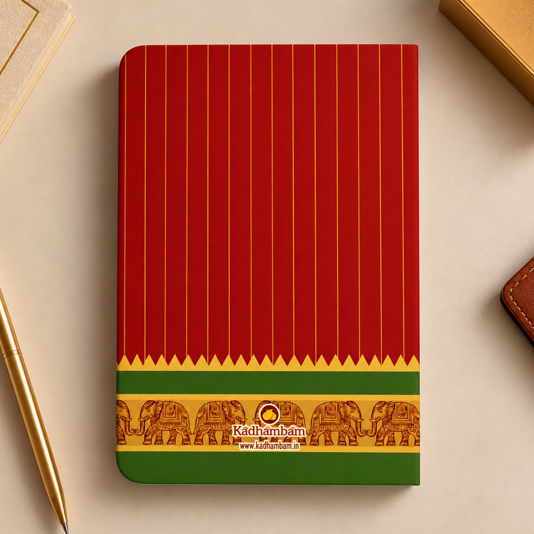 Red Striped A5 Journal With Kanchipuram Weaves Heritage Cover For Festive Gifting