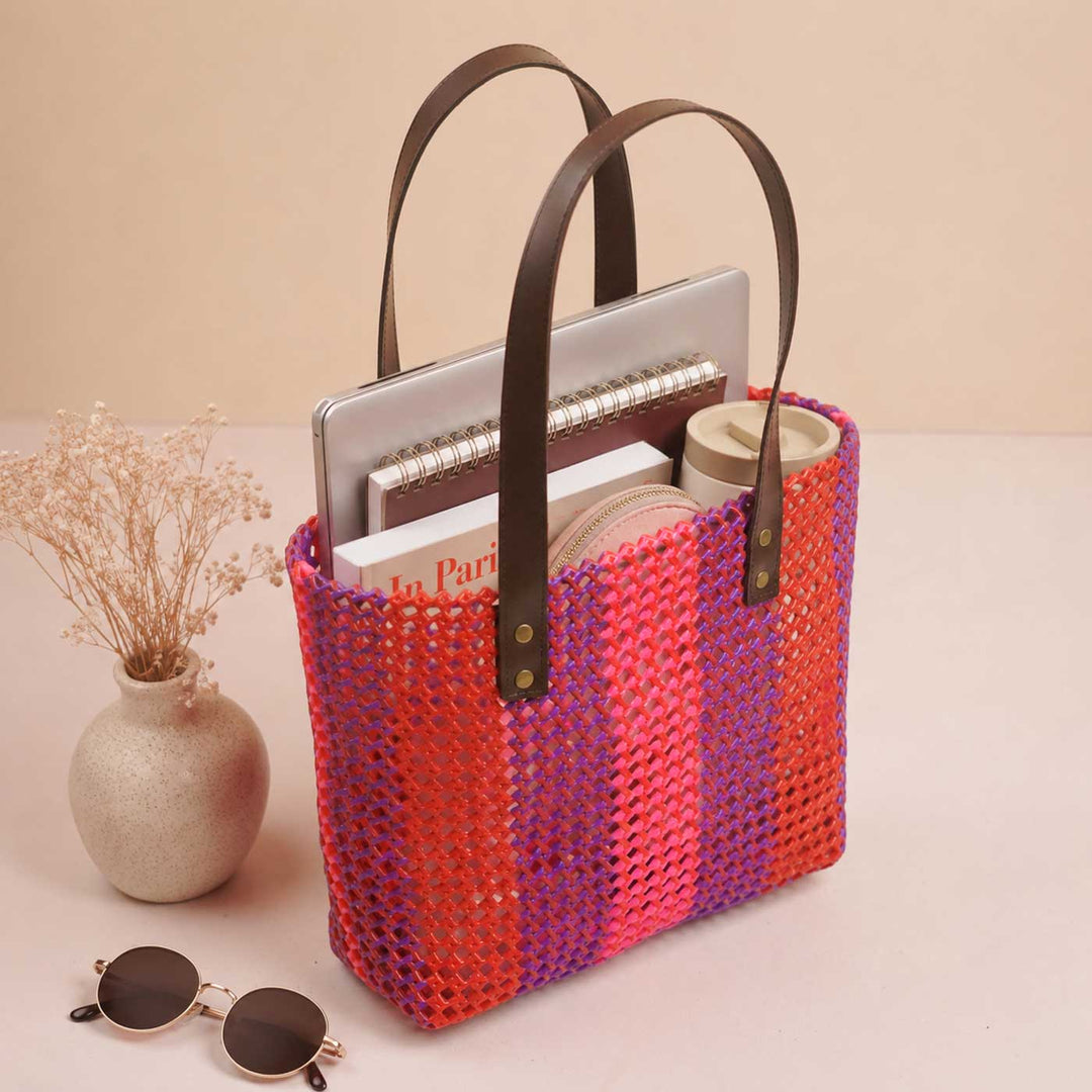 Handmade Multicolor Vertical Striped Wire Koodai Tote Bag
