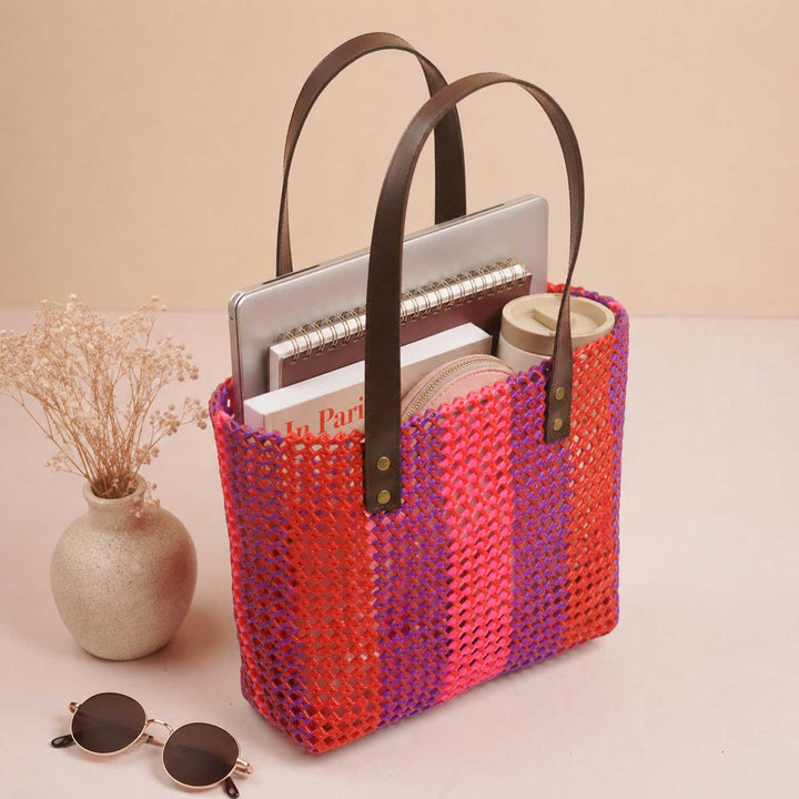 Handmade Multicolor Vertical Striped Wire Koodai Tote Bag