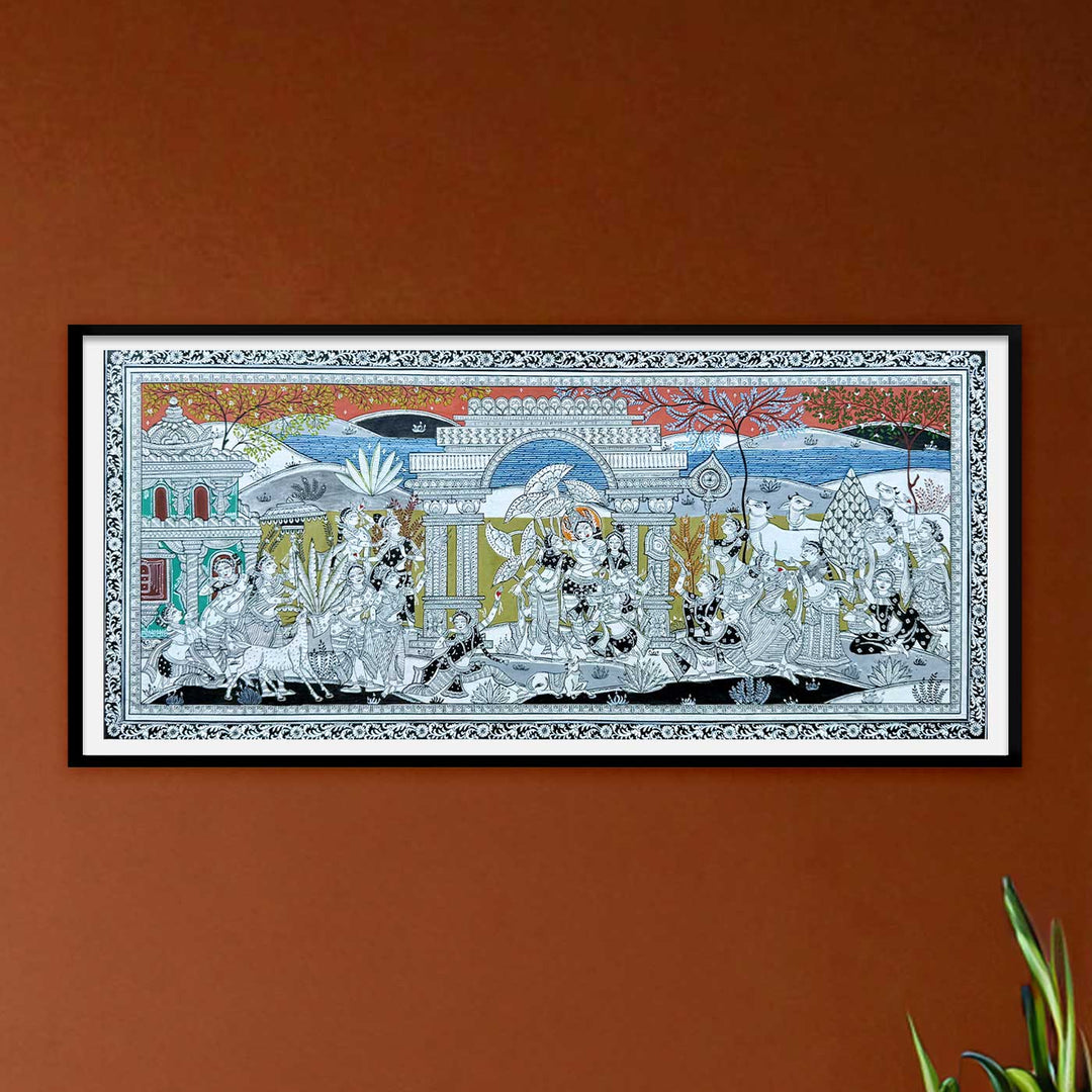 44 x 20 Inch | Handmade Canvas Krishna Rasleela Painting