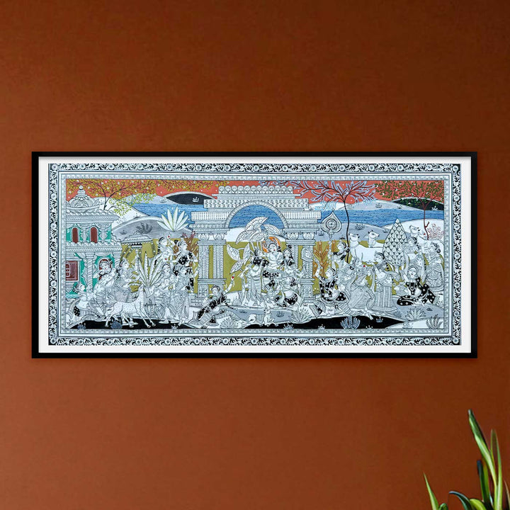 44 x 20 Inch | Handmade Canvas Krishna Rasleela Painting