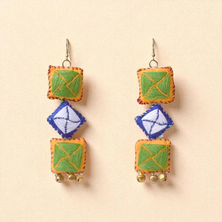 Handmade Textile Art Square & Diamond Ghungroo Dupion Silk Fabric Earrings