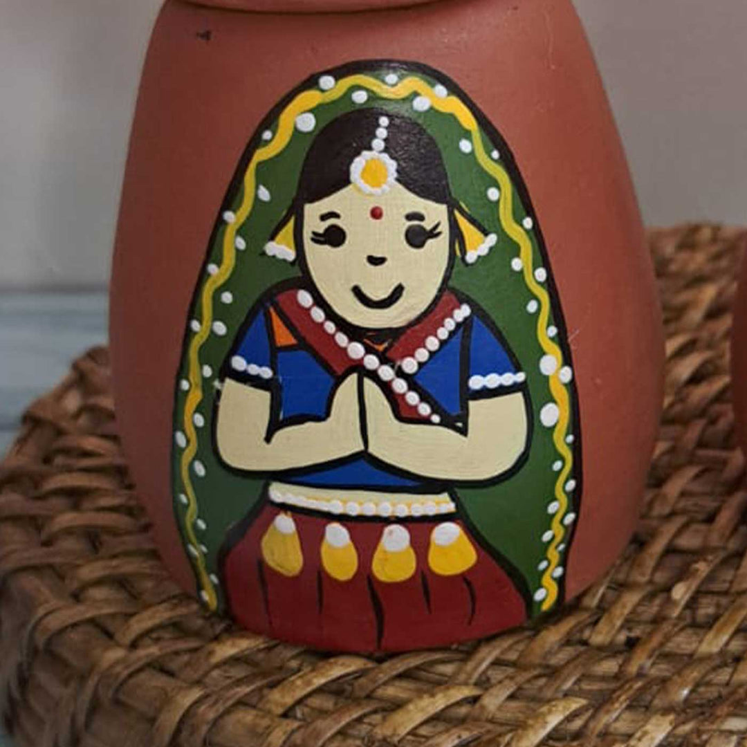 Hand-Painted Rajasthani Culture Theme Terracotta Tealight Holder | Set Of 2