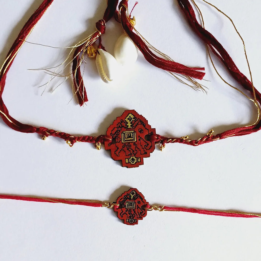 Handmade Reusable Red Elephant Ghungroo & Shell Wooden Bhaiya Bhabhi Rakhi With Roli Chawal