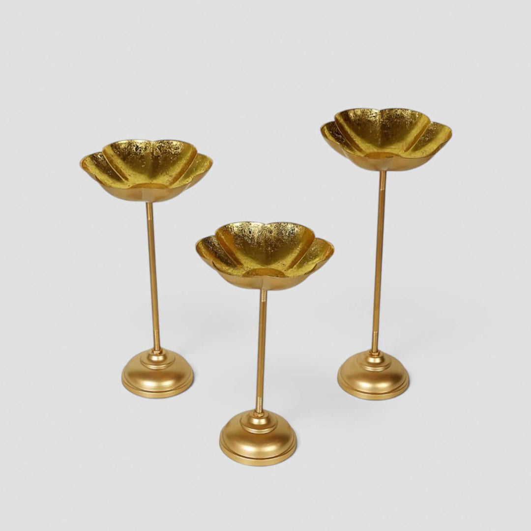Set Of 3 | Handmade Gold Big Flower Iron Oil Lamp / Diya For Festive Decor