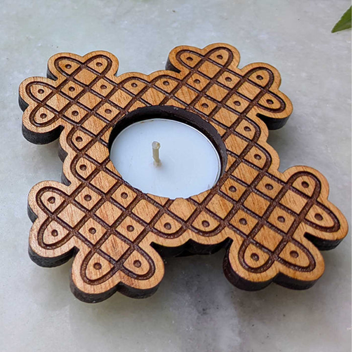 4 pc | Cross Lattice Hand-Engraved Mahogany Wood Kolam Tealight Holders