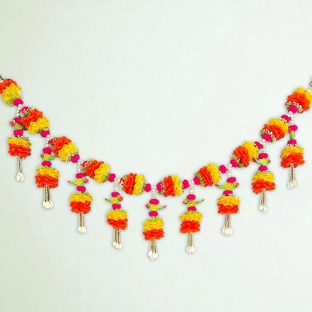 Handmade Yellow & Orange Flowers With Parrot Toran