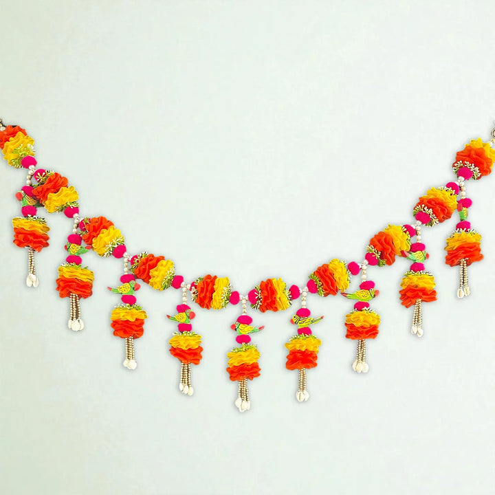 Handmade Yellow & Orange Flowers With Parrot Toran