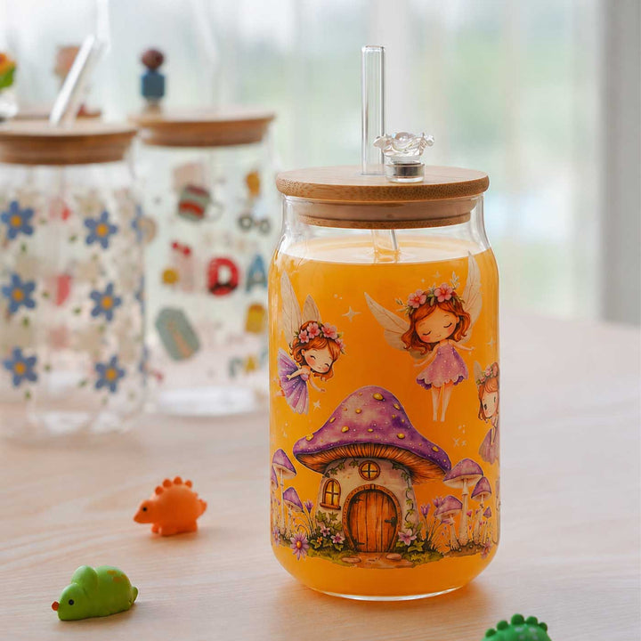 Cute Printed "Fairy" Theme Glass Tumbler With Straw For Kids