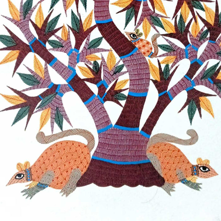 11 x 15 Inch | Tree with Birds & Animals | Original Hand painted Tribal Gond Art Painting | Acrylic Paints On Paper