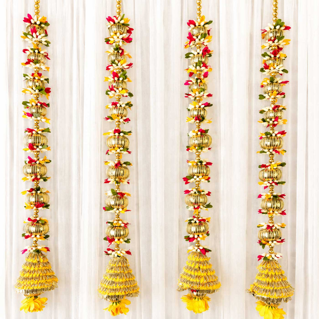 Handcrafted Yellow Cone Tassels With Gold Threadwork Door Hangings