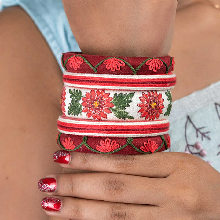 Red Handcrafted Dahlia Flower Bangles | Set of 5