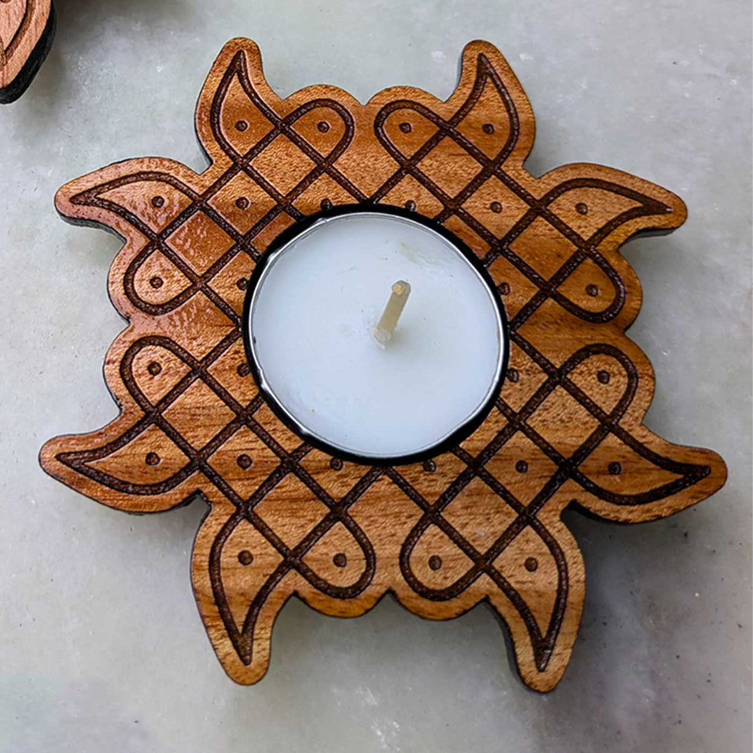 4 pc | Sunburst Hand-Engraved Mahogany Wood Kolam Tealight Holders