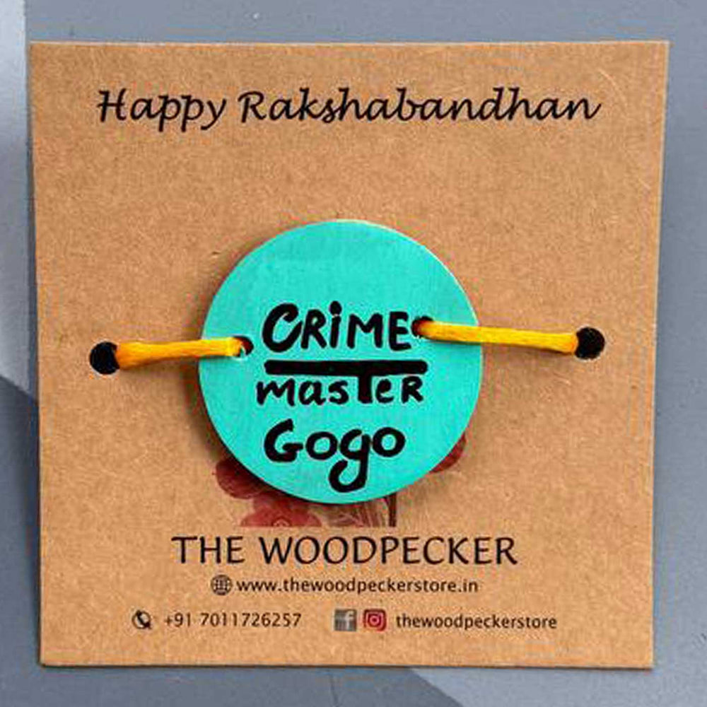 Personalized Hand Painted Crime Master Gogo Wooden Rakhi With Roli Chawal - Packaged with Greeting Card Background