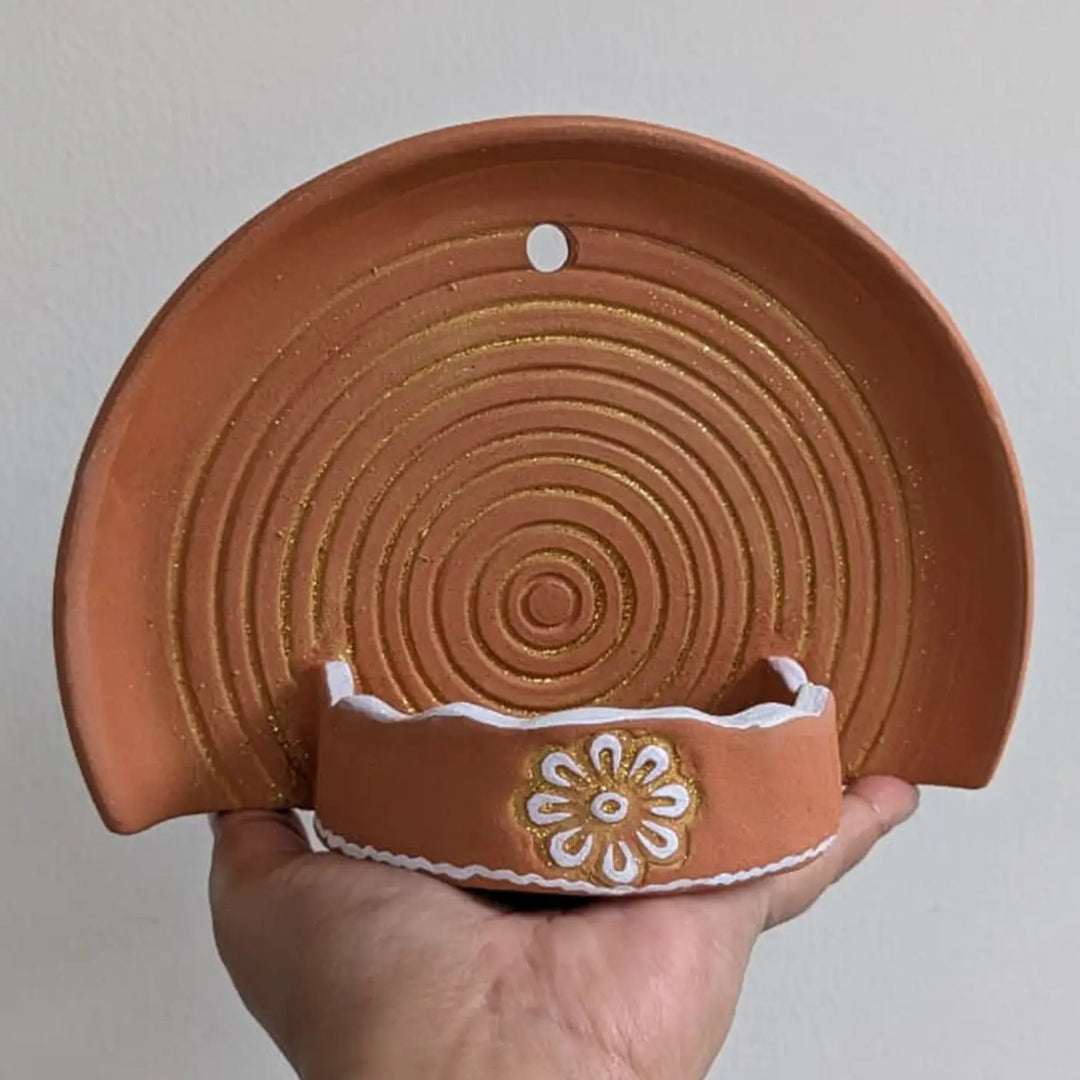 Hand-Painted Spiral Bloom Natural Terracotta Tealight Holder