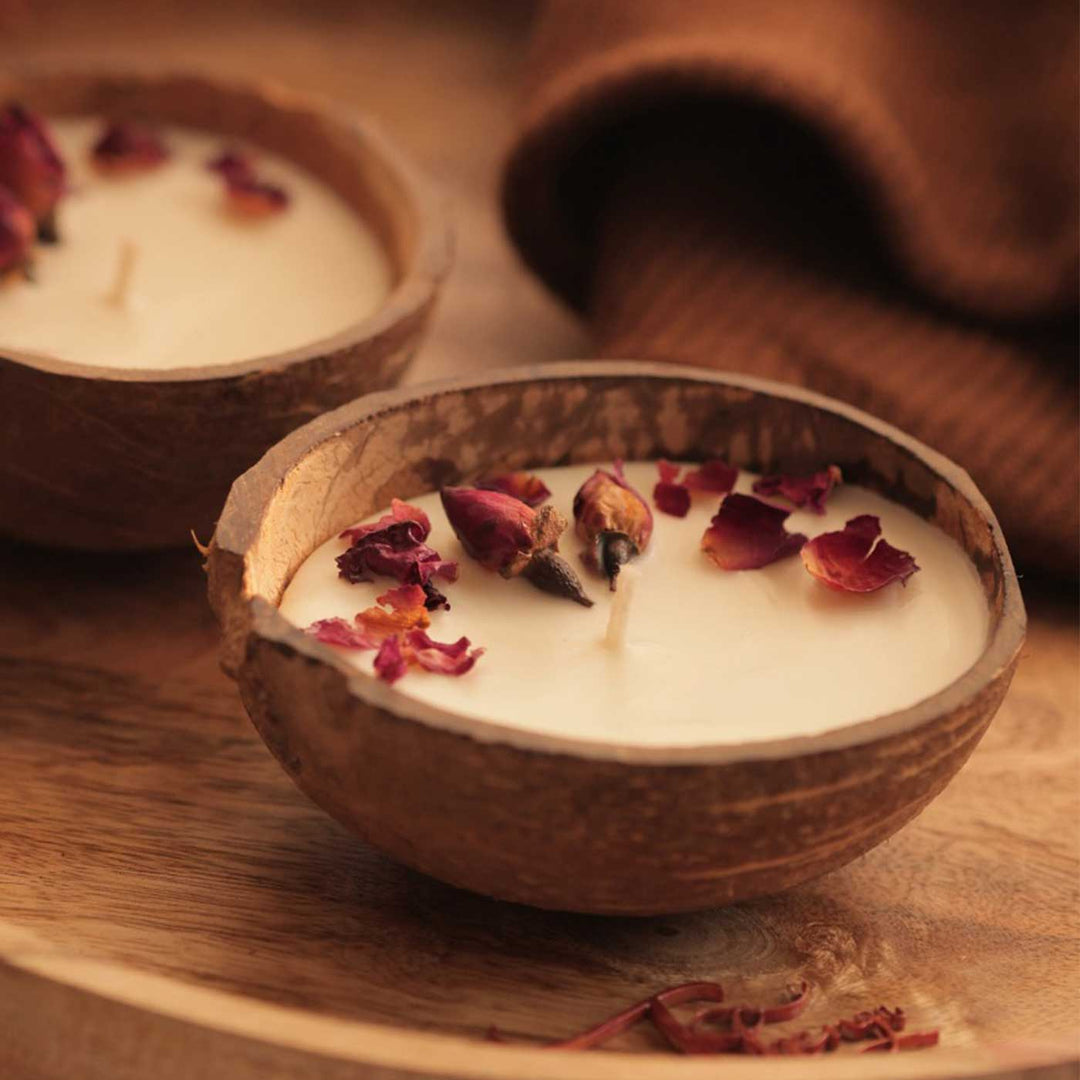 10 Pc | Eco-friendly Handmade Rose Scented Coconut Shell Candle