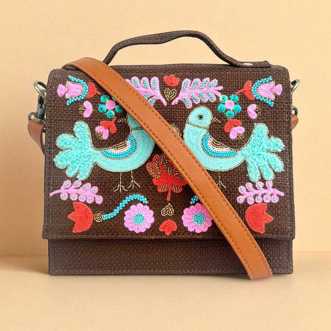 Handmade Embroidered Bird Design Brown Matrix Sling Bag
