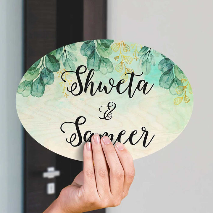Personalized Printed Spring Green Floral Wooden Oval Nameplate