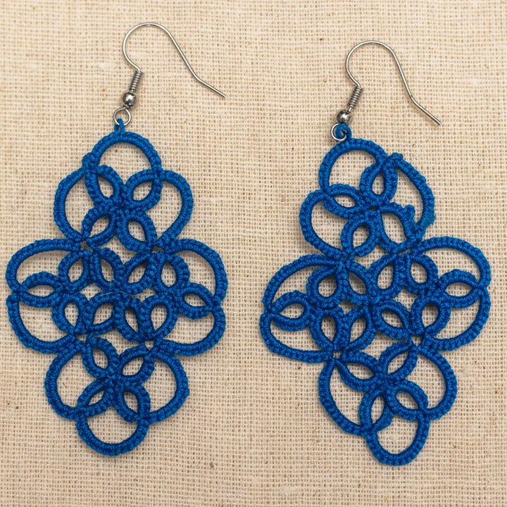 Handmade Tatting Blue Diamond Shaped Cotton Earrings