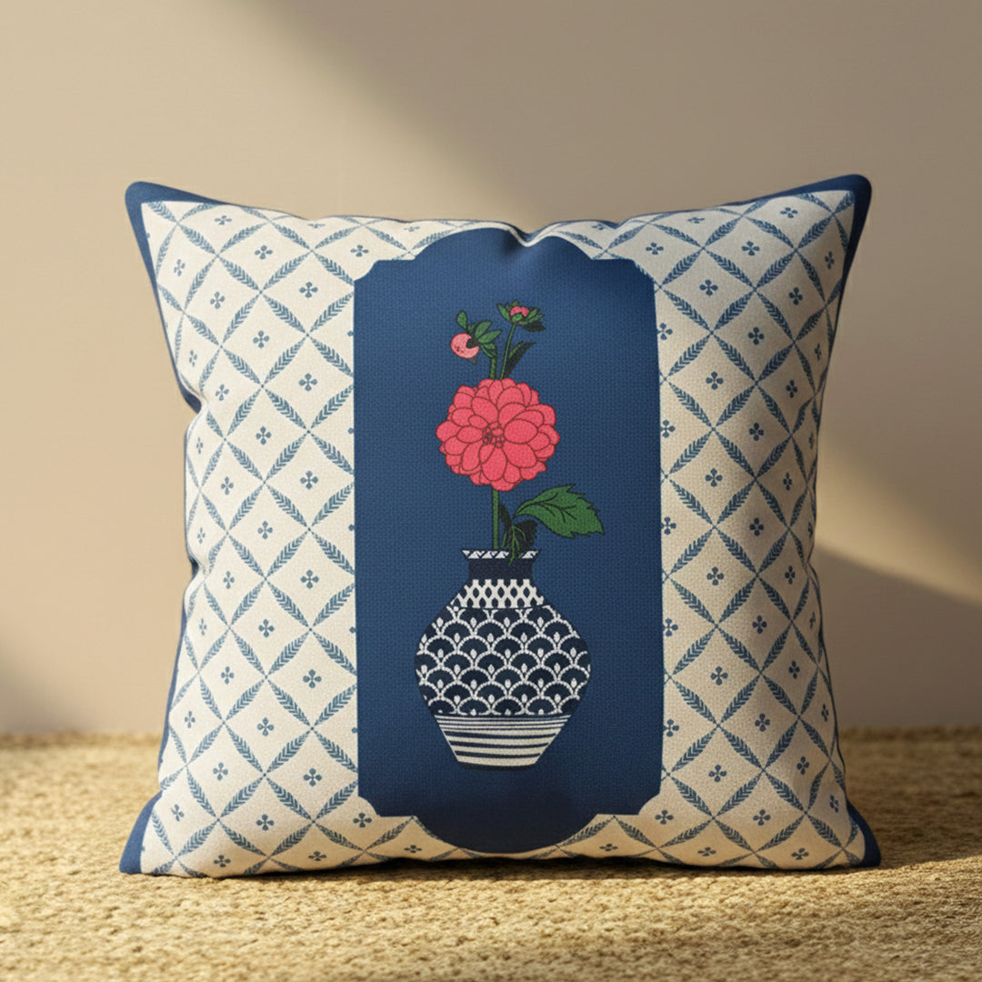 16 Inch | Printed Dahilya Blue Pottery Cushion Cover