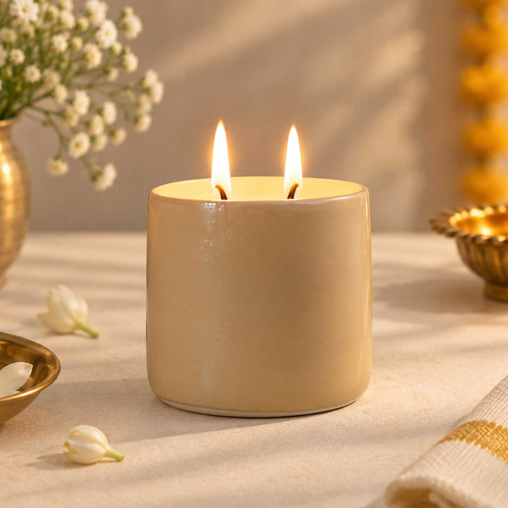 Handmade Dune Nude Glaze Ceramic Jar Soy Wax Candle With Coastal Moss Fragrance