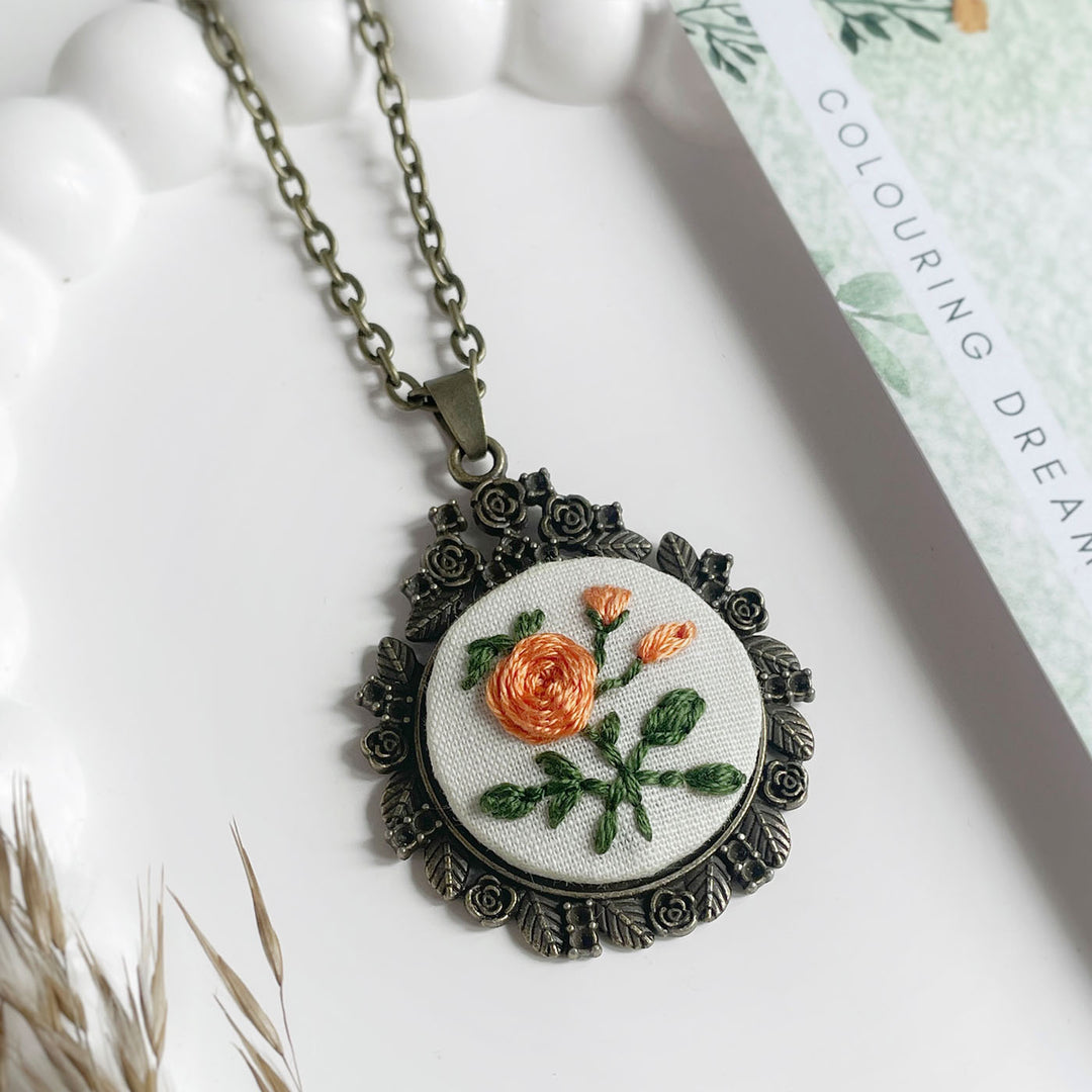 Hand Embroidered Zinnia Cluster Antique Finish Necklace