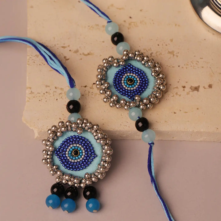 Handmade Beaded Evil Eye Bhaiya Bhabhi Rakhi With Roli Chawal | Set Of 2