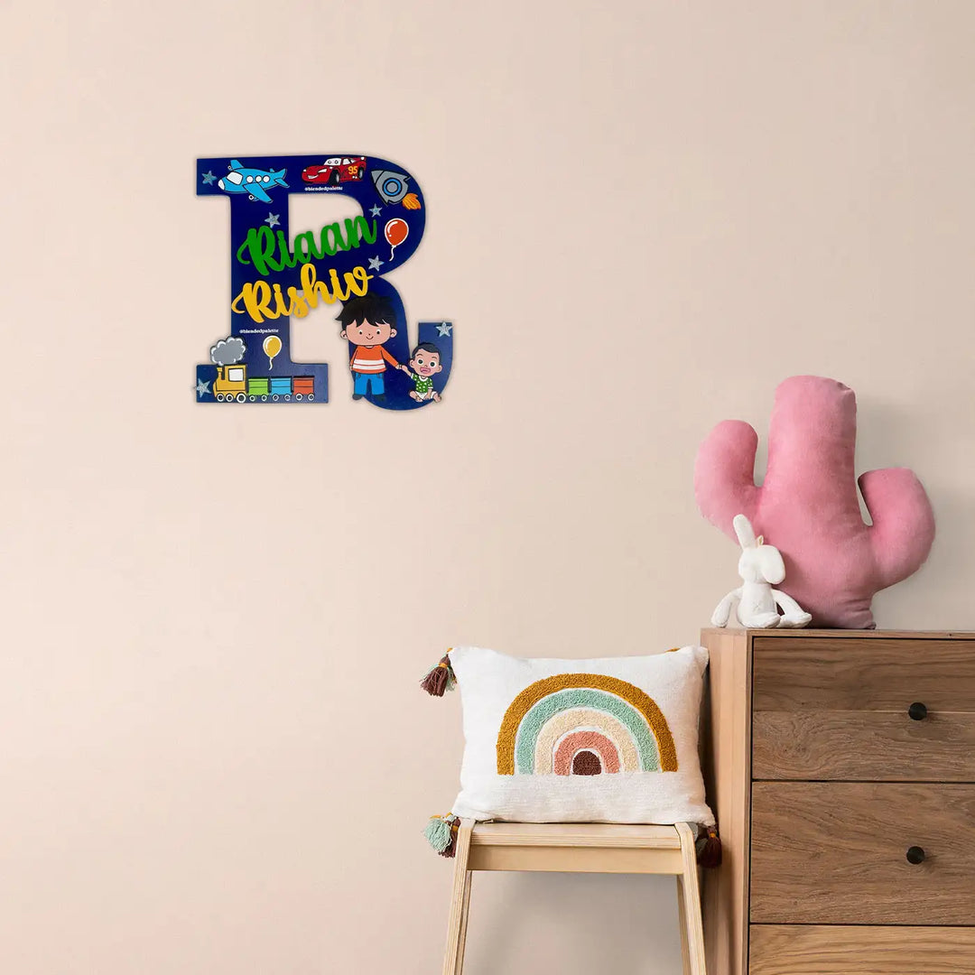 Personalized Initial Monogram MDF Wood Kids Name Plate For Siblings