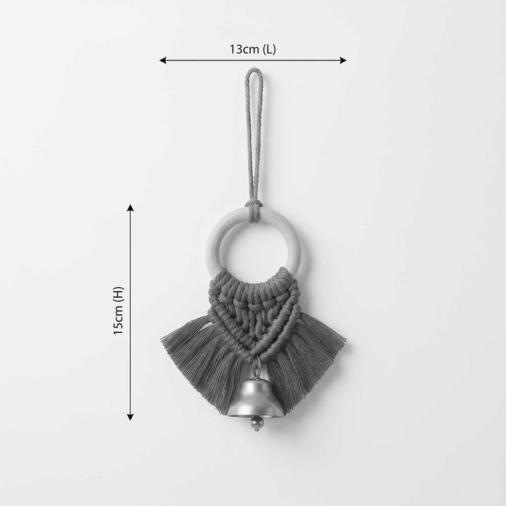 2 Pc | Macrame Handwoven Metal Bell Hanging With Wooden Ring & Beads