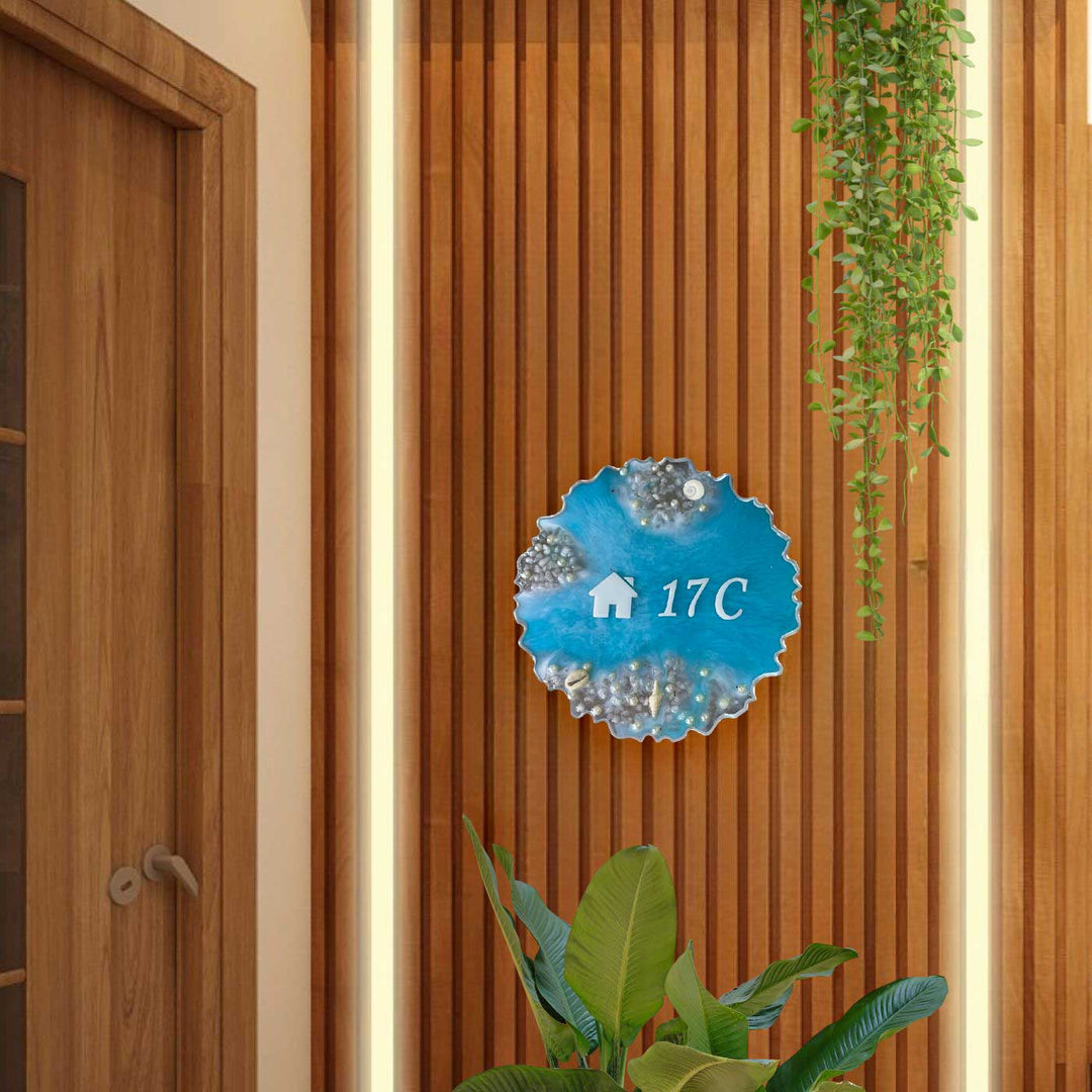 Personalized Ocean Theme Resin Name Plate - Mounted on Vertical Wood Slats Wall