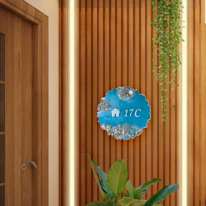 Personalized Ocean Theme Resin Name Plate - Mounted on Vertical Wood Slats Wall