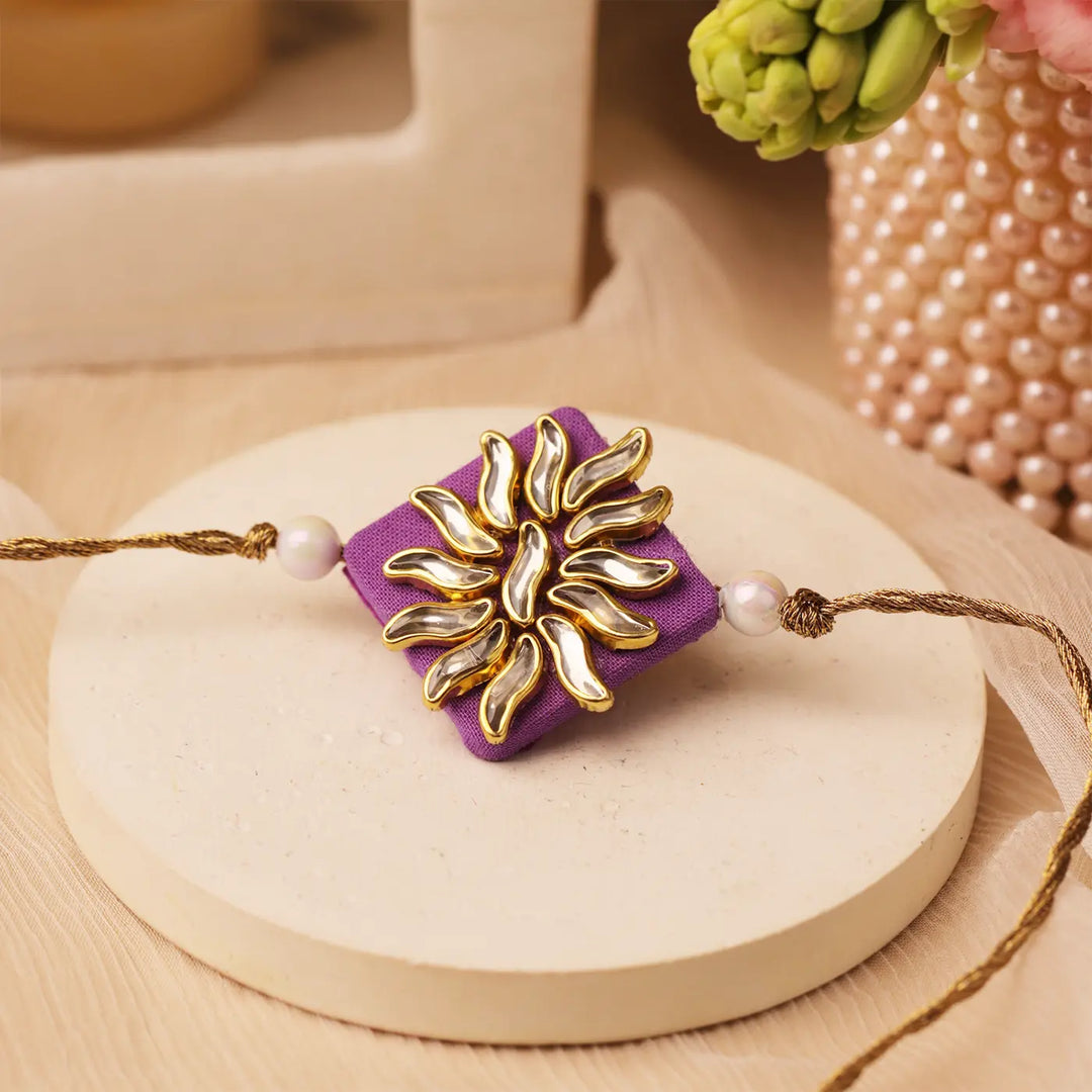 Handmade Lavender Curved Motif Kundan Rakhi With Roli Chawal