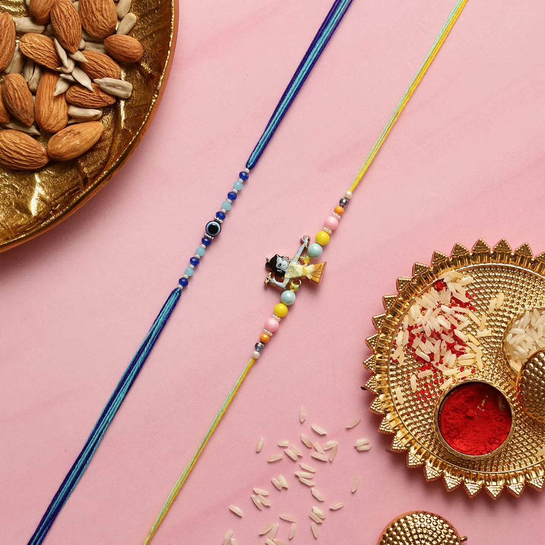 Handmade Beaded Krishna & Evil Eye Kids Rakhi With Roli Chawal | Set Of 2