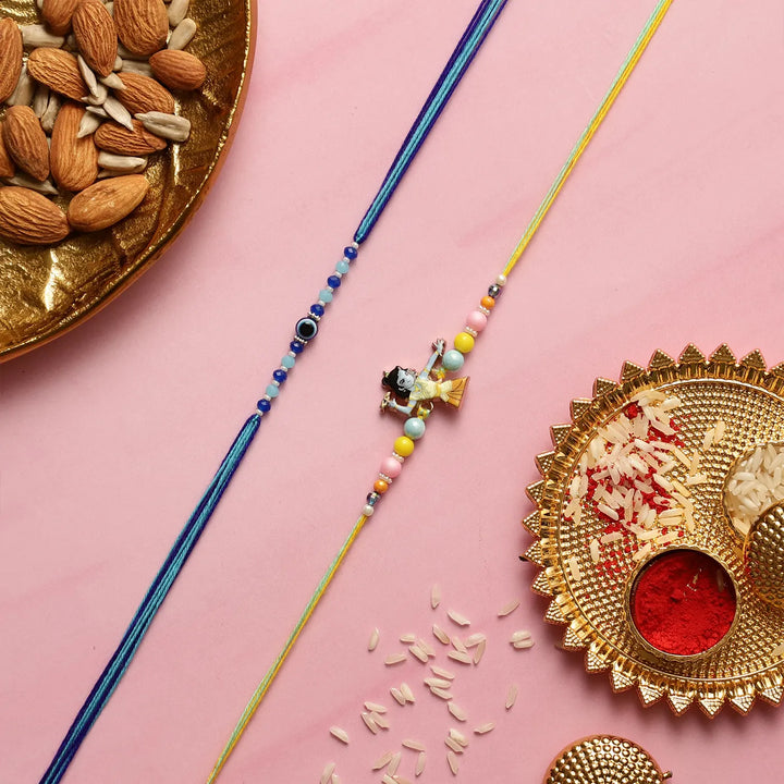 Handmade Beaded Krishna & Evil Eye Kids Rakhi With Roli Chawal | Set Of 2